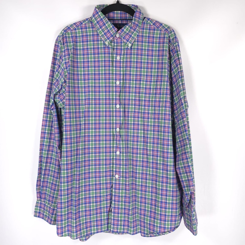 RALPH LAUREN 120’s 2-ply Button Down Long Sleeve Plaid Multicolor Shirt LARGE